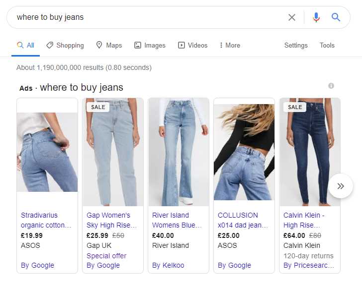 google search for jeans